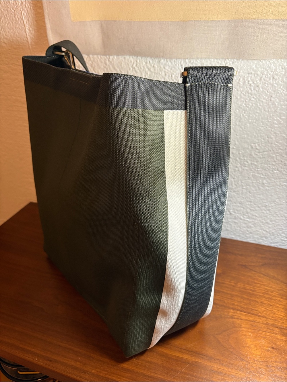 Rothy’s The Bucket Bag - Deep Forest, Black and White Striped - Picture 3 of 11